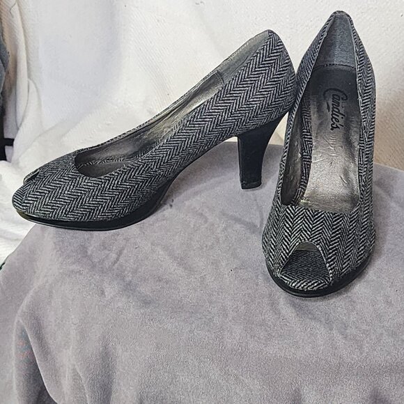 Candie's Shoes - Candie's Grey Black Tweed SeeMe 3" Peep Toe Non Slick Sole Dress Pumps Size 7M